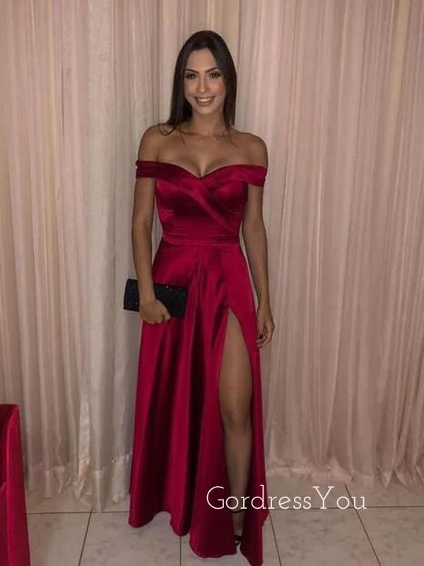 Dark Red Satin Off Shoulder Long Evening Prom Dresses, Custom Side Sli GordressYou Dark Red Satin Off Shoulder Long Evening Prom Dresses, Custom Side Sli GordressYou