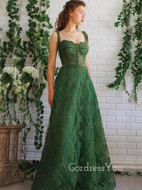A-line Emerald Green Tulle Appliques Long Evening Prom Dresses, Custom GordressYou A-line Emerald Green Tulle Appliques Long Evening Prom Dresses, Custom GordressYou