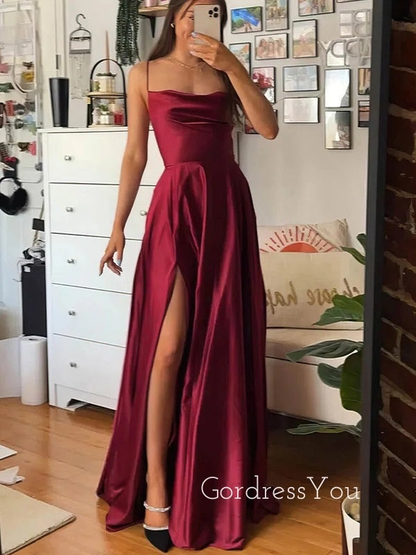 Burgundy Satin Spaghetti Straps Long Evening Prom Dresses, Custom A-line Prom Dress, GR0141 Burgundy Satin Spaghetti Straps Long Evening Prom Dresses, Custom A-line Prom Dress, GR0141