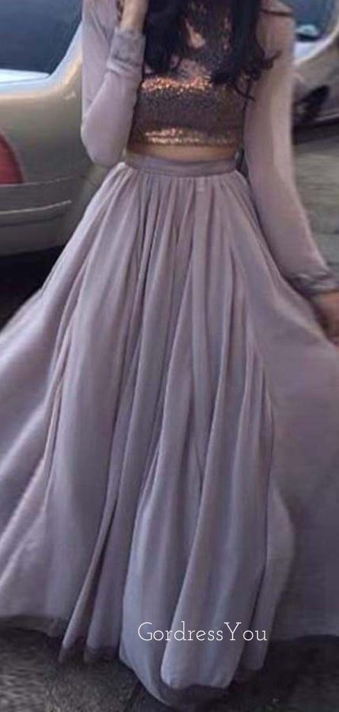 2 Pieces Dusty Purple Long Sleeves Long Evening Prom Dresses, Cheap A-line Prom Dress, GR0149