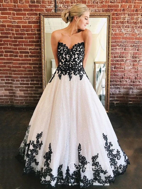 Unique Sparkly White Black Appliques A-line Long Evening Prom Dresses, GordressYou Unique Sparkly White Black Appliques A-line Long Evening Prom Dresses, GordressYou