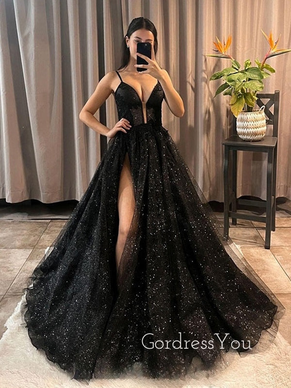 V-neck Black Sparkly A-line Spaghetti Straps Long Evening Prom Dresses GordressYou V-neck Black Sparkly A-line Spaghetti Straps Long Evening Prom Dresses GordressYou
