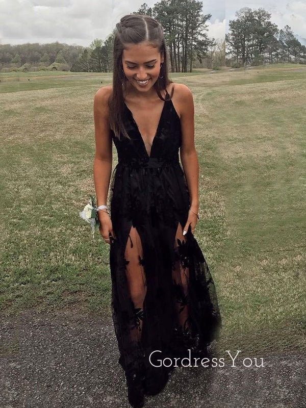 Deep V-neck Black Tulle Appliques A-line Long Evening Prom Dresses, GR GordressYou Deep V-neck Black Tulle Appliques A-line Long Evening Prom Dresses, GR GordressYou
