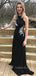Black Satin Appliques Mermaid Simple Long Evening Prom Dresses, GR0235