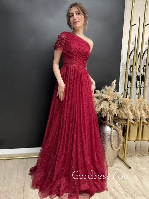 Sparkly Red Tulle A-line Long Evening Prom Dresses, One Shoulder Prom – GordressYou