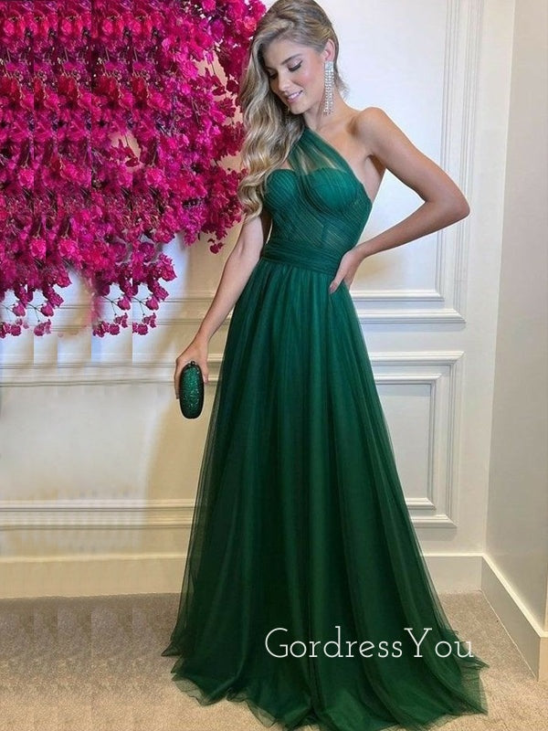 Emerald Green Tulle A-line Long Evening Prom Dresses, One Shoulder Pro GordressYou Emerald Green Tulle A-line Long Evening Prom Dresses, One Shoulder Pro GordressYou
