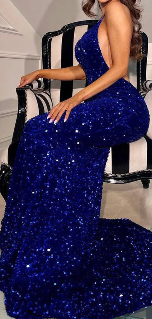 One Shoulder Blue Sequins Mermaid Long Evening Prom Dresses, GR0398
