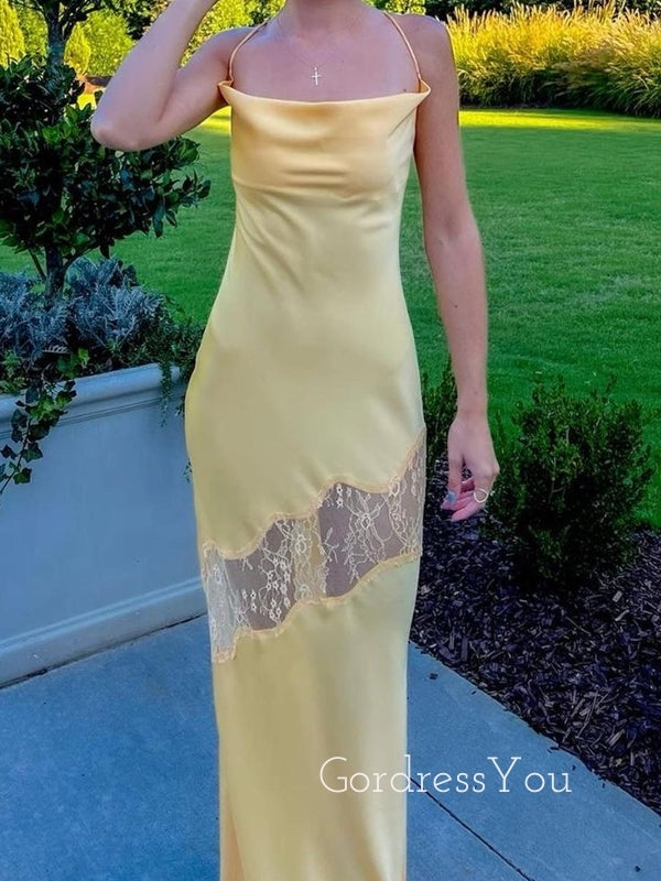 Light Yellow Satin Lace Spaghetti Straps Long Evening Prom Dresses, GR GordressYou Light Yellow Satin Lace Spaghetti Straps Long Evening Prom Dresses, GR GordressYou