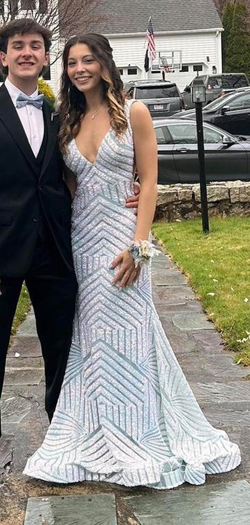 Deep V-neck Sequins Mermaid Long Evening Prom Dresses, V-back Sparkly Prom Dress, GR0507