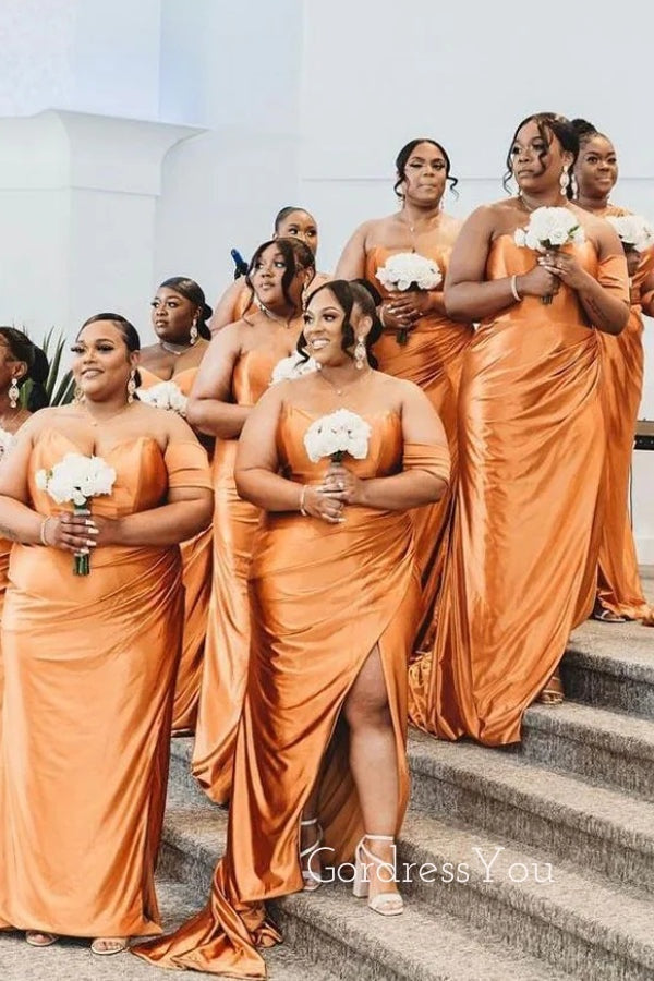 Popular Satin Mermaid Side Slit Long Bridesmaid Dresses , GRB0002