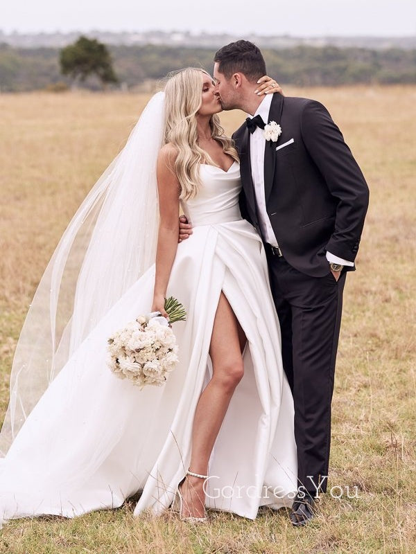 Gorgeous White Satin A-line Strapless High Slit Long Wedding Dresses, Sweetheart Ball Gown, GRB0019 Gorgeous White Satin A-line Strapless High Slit Long Wedding Dresses, Sweetheart Ball Gown, GRB0019