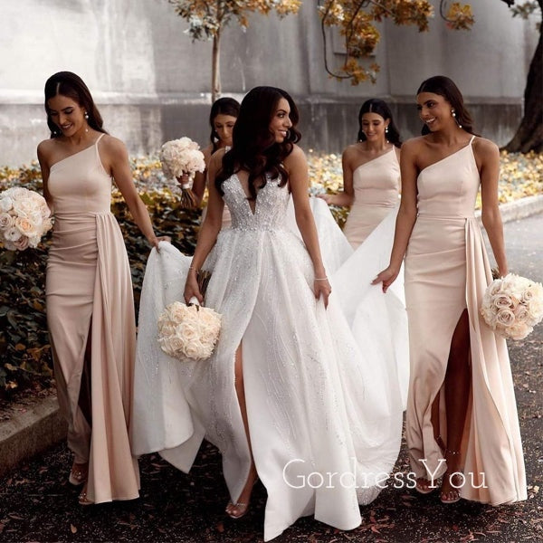 One Shoulder Peach Mermaid Cheap Side Slit Long Custom Bridesmaid Dres GordressYou One Shoulder Peach Mermaid Cheap Side Slit Long Custom Bridesmaid Dres GordressYou