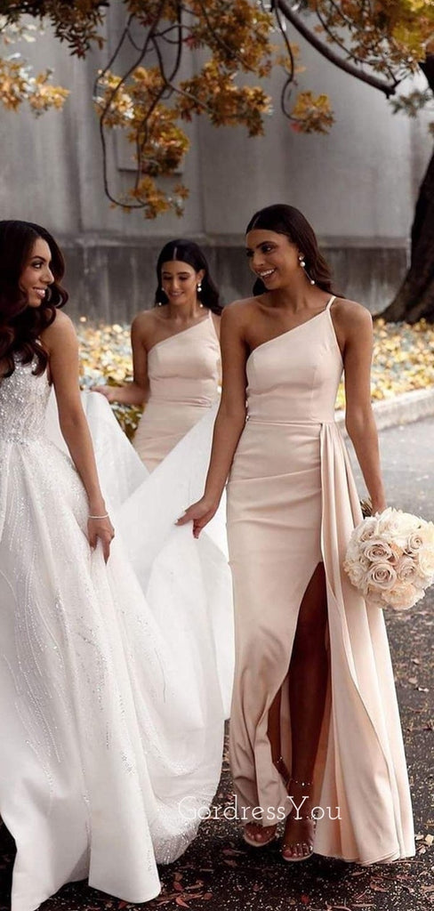 One Shoulder Peach Mermaid Cheap Side Slit Long Custom Bridesmaid Dresses, GRB0069