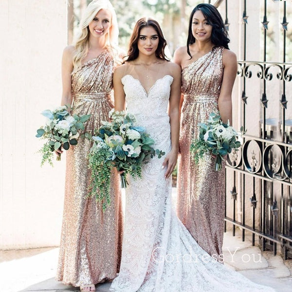 One Shoulder A-line Gold Sequins Long Cheap Custom Bridesmaid Dresses, GordressYou One Shoulder A-line Gold Sequins Long Cheap Custom Bridesmaid Dresses, GordressYou