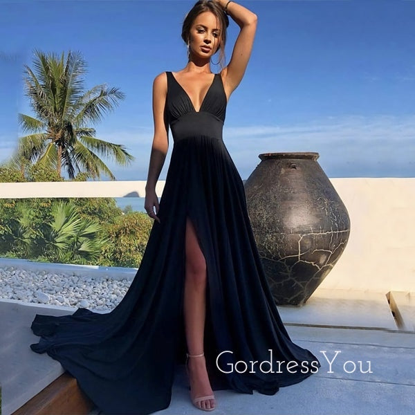 A-line Black Jersey V-neck Long Cheap Custom Side Slit Bridesmaid Dres GordressYou A-line Black Jersey V-neck Long Cheap Custom Side Slit Bridesmaid Dres GordressYou