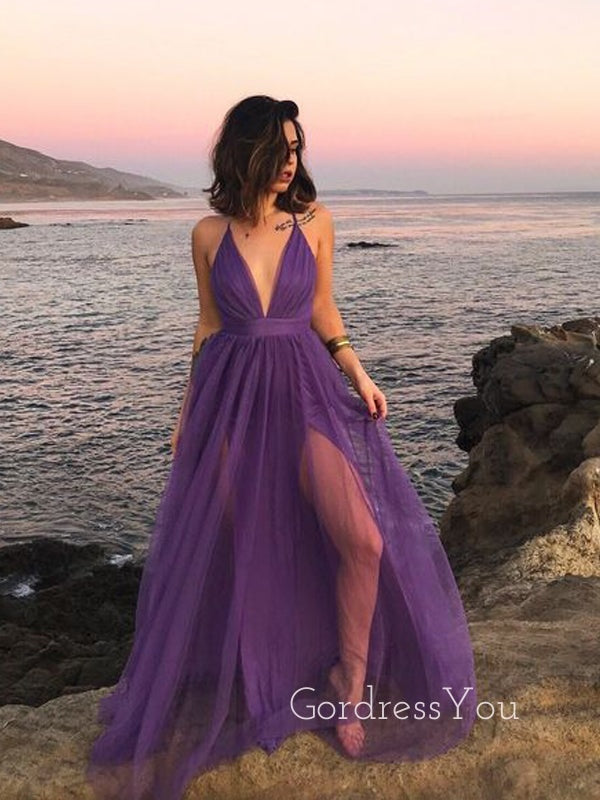 Simple Purple Tulle A-line Long Evening Prom Dresses, Custom Spaghetti –  GordressYou
