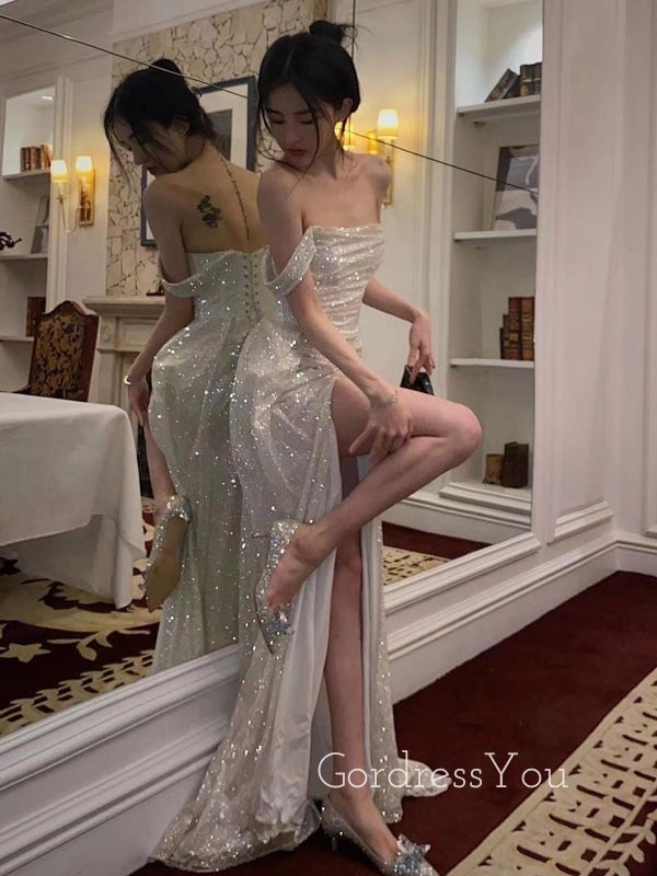 White Sequins Sparkly A-line Long Evening Prom Dresses, Custom Off Shoulder Prom Dress, GR0067 White Sequins Sparkly A-line Long Evening Prom Dresses, Custom Off Shoulder Prom Dress, GR0067