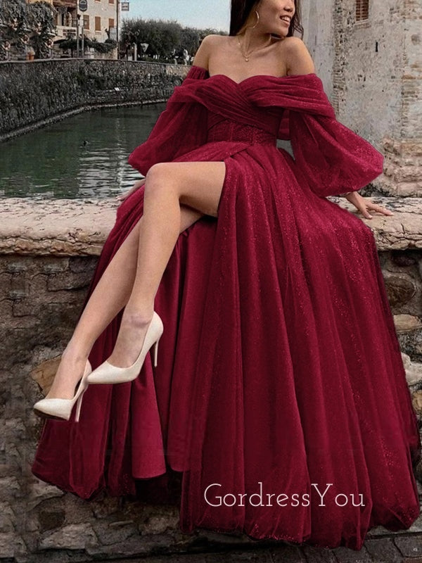Burgundy Tulle Sparkly Off Shoulder Long Sleeves A-line Long Evening Prom Dresses, Custom Prom Dress, GR0079 Burgundy Tulle Sparkly Off Shoulder Long Sleeves A-line Long Evening Prom Dresses, Custom Prom Dress, GR0079