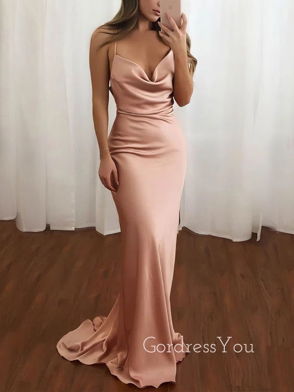 Simple Rose Gold Satin Spaghetti Straps Mermaid Long Evening Prom Dres GordressYou Simple Rose Gold Satin Spaghetti Straps Mermaid Long Evening Prom Dres GordressYou