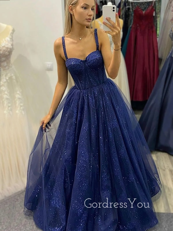 A-line Navy Blue Tulle Sparkly Straps Long Evening Prom Dresses, Custo GordressYou A-line Navy Blue Tulle Sparkly Straps Long Evening Prom Dresses, Custo GordressYou