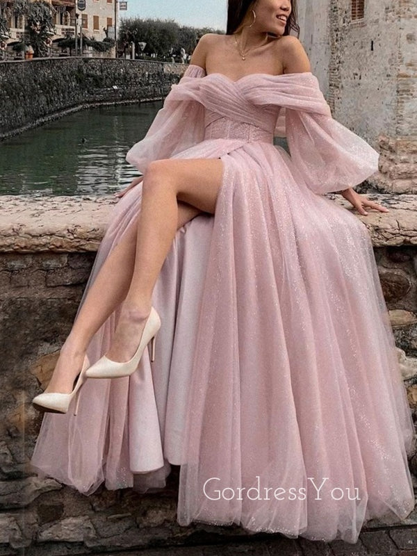 Pink Tulle Sparkly A-line Long Sleeves Long Evening Prom Dresses, Cust GordressYou Pink Tulle Sparkly A-line Long Sleeves Long Evening Prom Dresses, Cust GordressYou