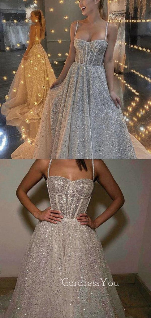 A-line Spaghetti Straps Sequin Long Evening Prom Dresses, Cheap Custom prom dresses, MR8326