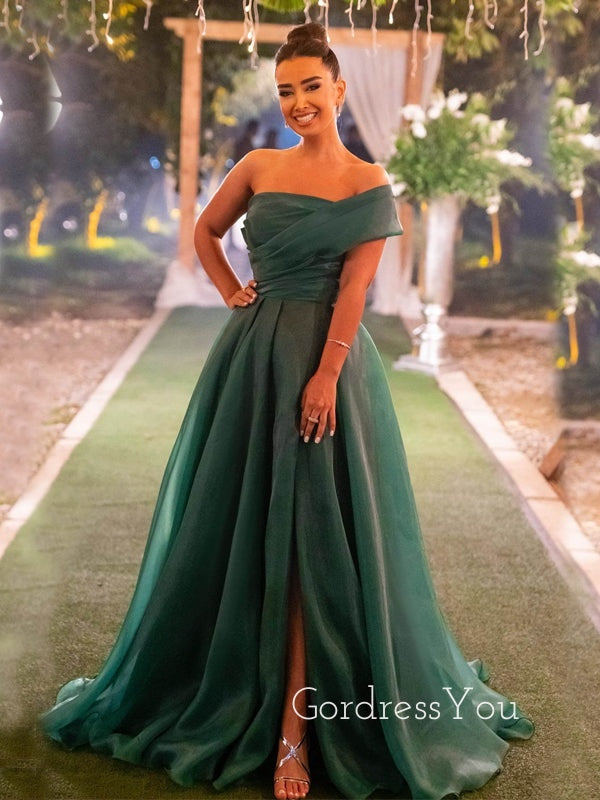 A-line Emerald Green Organza Long Evening Prom Dresses, Custom One Shoulder Prom Dress, GR0096