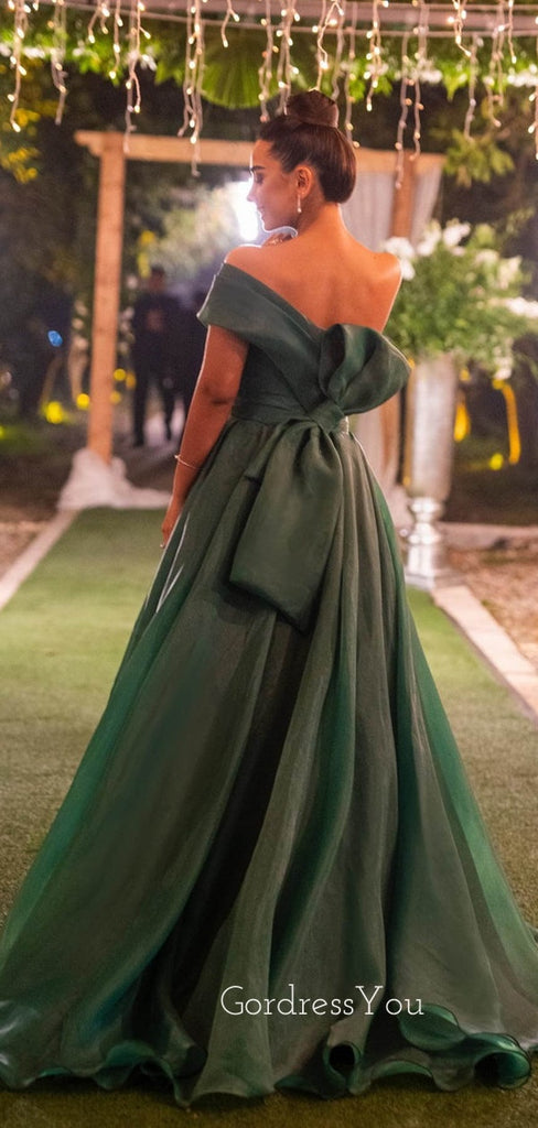 A-line Emerald Green Organza Long Evening Prom Dresses, Custom One Shoulder Prom Dress, GR0096