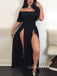 Off Shoulder Black Sheath Side Slit Long Evening Prom Dresses, Custom Half Sleeves Prom Dress, GR0097