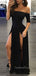 Off Shoulder Black Sheath Side Slit Long Evening Prom Dresses, Custom Half Sleeves Prom Dress, GR0097