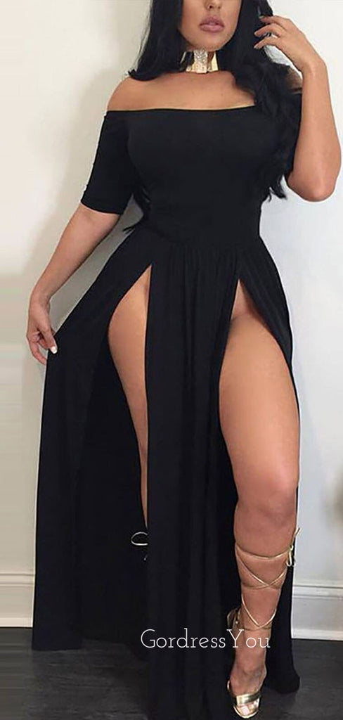 Off Shoulder Black Sheath Side Slit Long Evening Prom Dresses, Custom Half Sleeves Prom Dress, GR0097