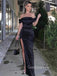 Black Satin Mermaid Side Slit Long Evening Prom Dresses, Custom Off Shoulder Prom Dress, GR0100