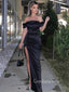 Black Satin Mermaid Side Slit Long Evening Prom Dresses, Custom Off Shoulder Prom Dress, GR0100