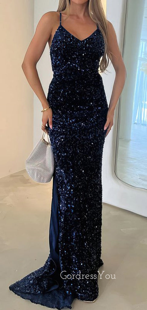 Formal Navy Blue Sequins Mermaid Long Evening Prom Dresses, Custom Spaghetti Straps Prom Dress, GR0101