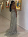 One Shoulder Silver Grey Sequins Mermaid Long Evening Prom Dresses, Custom Side Slit Prom Dress, GR0104