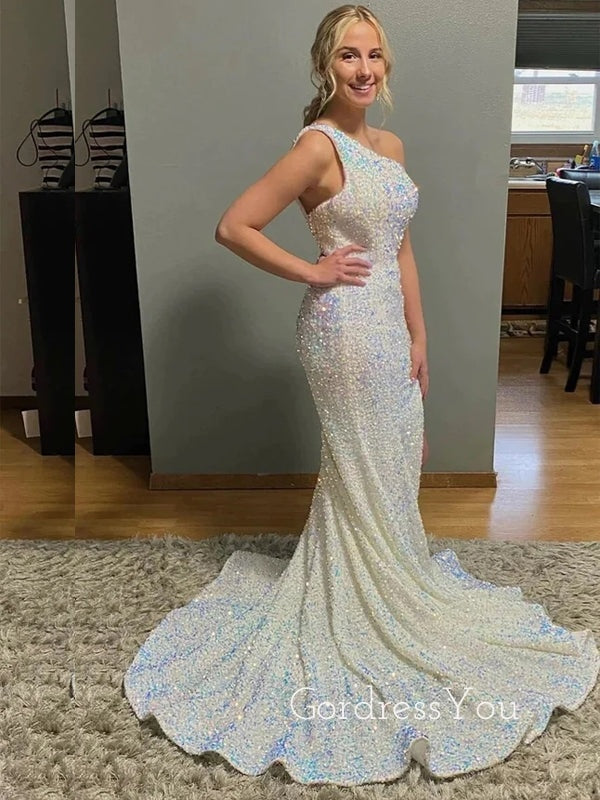 Formal Sequins Mermaid Long Evening Prom Dresses, Custom One Shoulder Prom Dress, GR0105