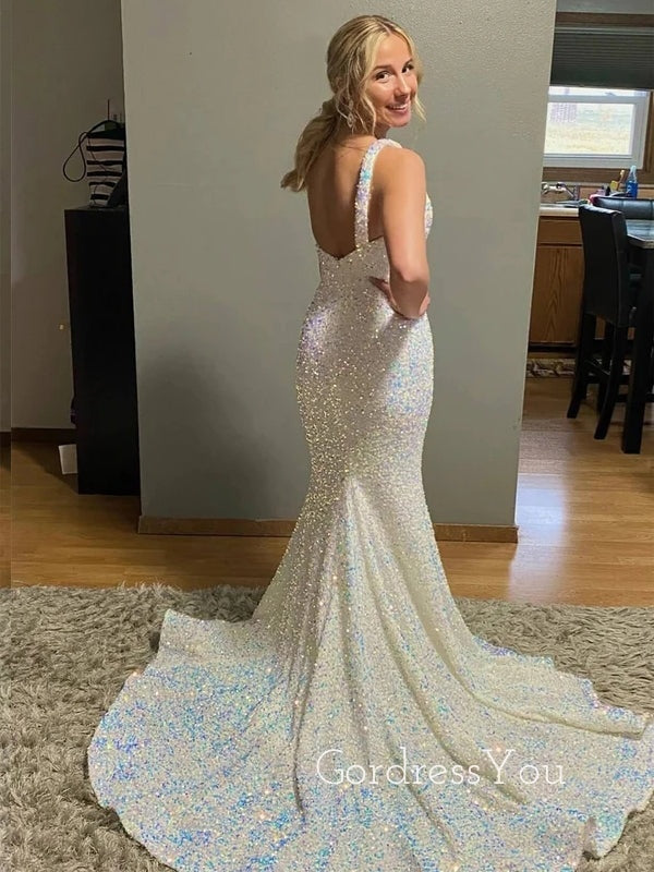 Formal Sequins Mermaid Long Evening Prom Dresses, Custom One Shoulder Prom Dress, GR0105