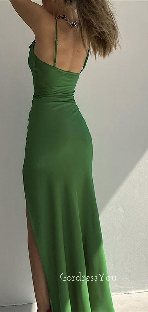 Simple Emerald Green Satin Mermaid Long Evening Prom Dresses, Custom Spaghetti Straps Prom Dress, GR0106