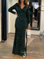 Dark Green Sequins Long Sleeves Mermaid Long Evening Prom Dresses, Custom V-neck Prom Dress, GR0107