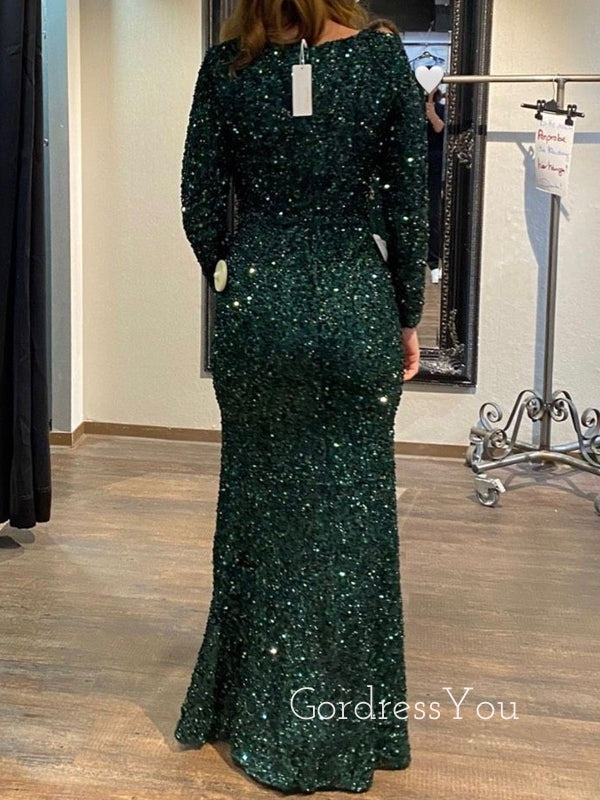 Dark Green Sequins Long Sleeves Mermaid Long Evening Prom Dresses, Custom V-neck Prom Dress, GR0107