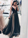 A-line Black Tulle V-neck Long Evening Prom Dresses, Custom Prom Dress, GR0108