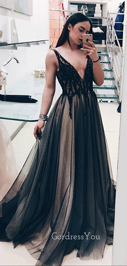 A-line Black Tulle V-neck Long Evening Prom Dresses, Custom Prom Dress, GR0108