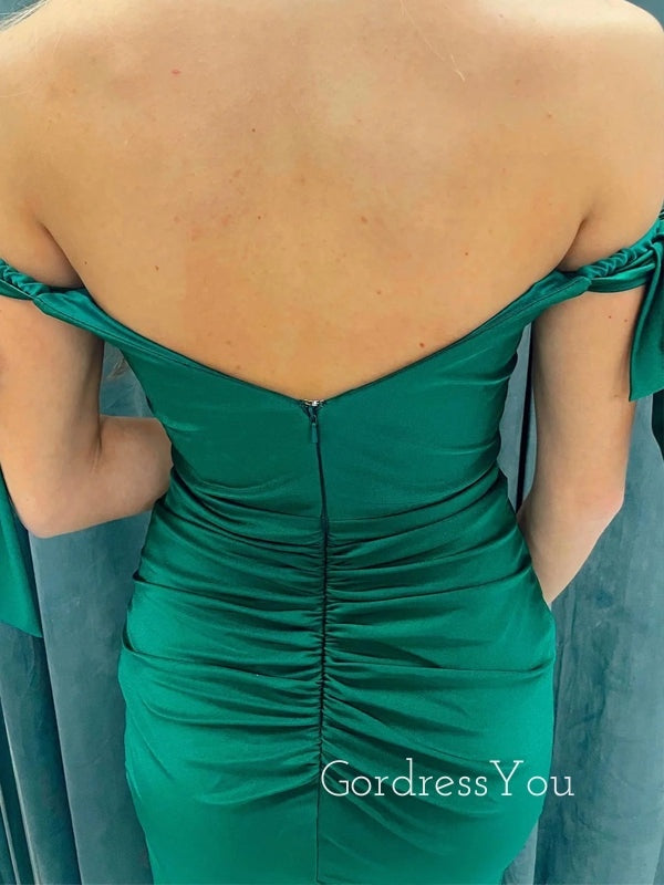 Emerald Green Satin Off Shoulder Mermaid Long Evening Prom Dresses, Custom Side Slit Prom Dress, GR0110