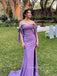 Off Shoulder Purple Satin Mermaid Long Evening Prom Dresses, Custom Side Slit Prom Dress, GR0114