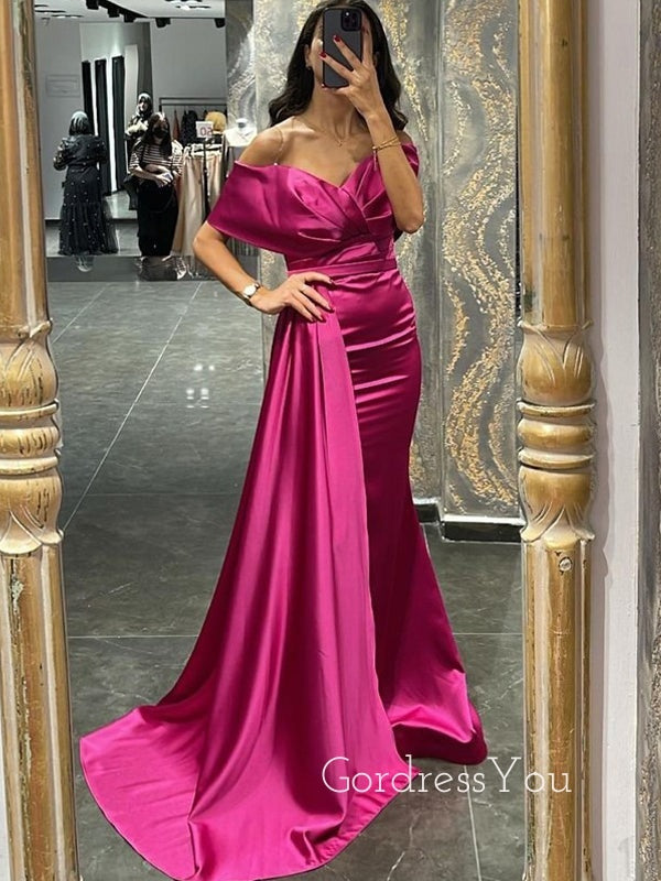 Off Shoulder Fuchsia Satin Mermaid Long Evening Prom Dresses, Custom Prom Dress, GR0115