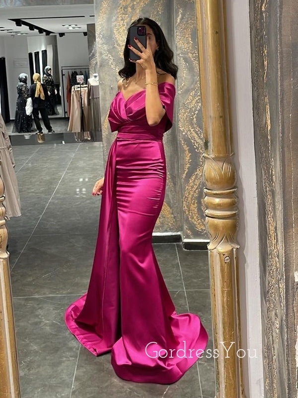 Off Shoulder Fuchsia Satin Mermaid Long Evening Prom Dresses, Custom Prom Dress, GR0115