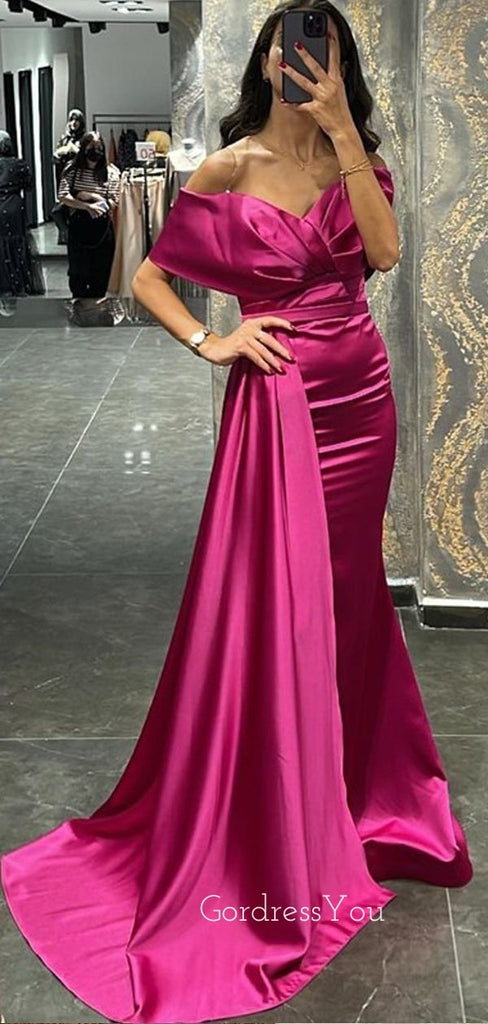 Off Shoulder Fuchsia Satin Mermaid Long Evening Prom Dresses, Custom Prom Dress, GR0115