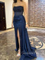 Nave Blue Satin Sparkly Mermaid Long Evening Prom Dresses, Custom Strapless Prom Dress, GR0119