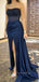 Nave Blue Satin Sparkly Mermaid Long Evening Prom Dresses, Custom Strapless Prom Dress, GR0119