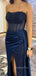 Nave Blue Satin Sparkly Mermaid Long Evening Prom Dresses, Custom Strapless Prom Dress, GR0119